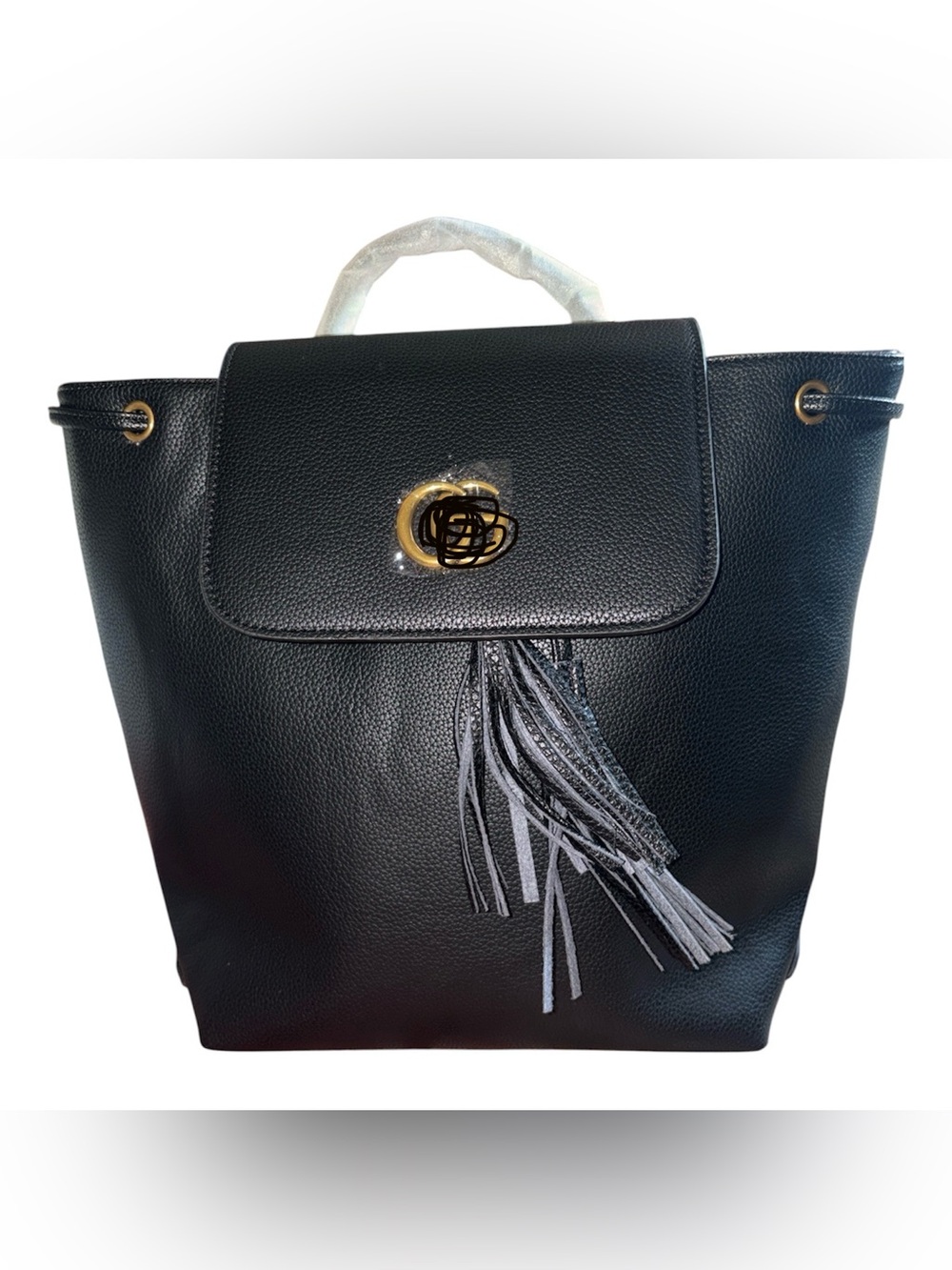 Black Leather Backpack with Gold Double-G Style Emblem and Tassel